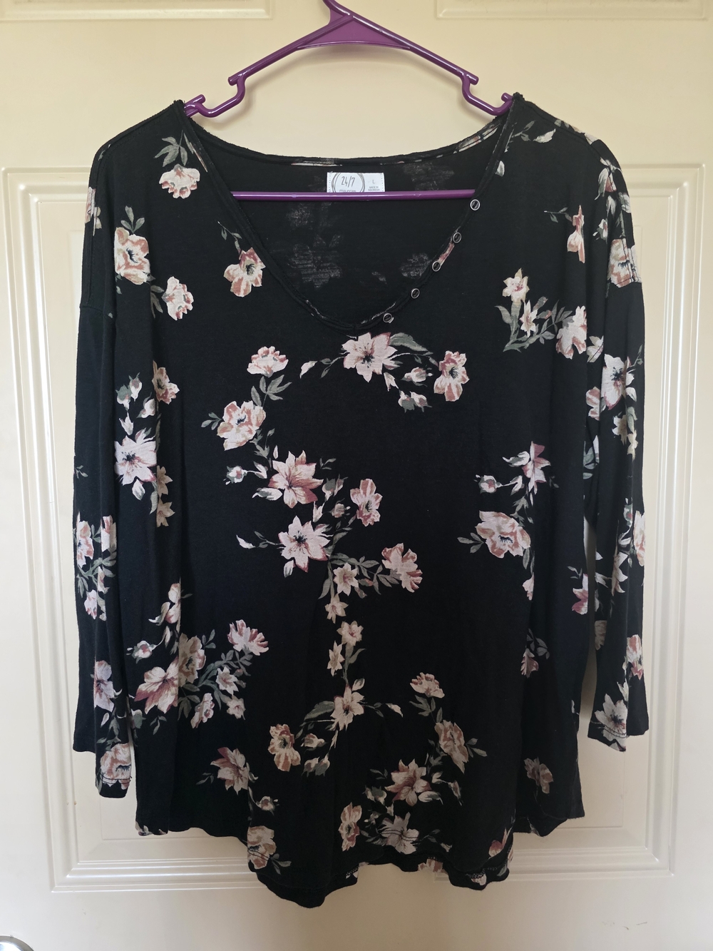 Soft Knit Maurices Floral V-Neck Top in Black and Pink - 3/4 Sleeve